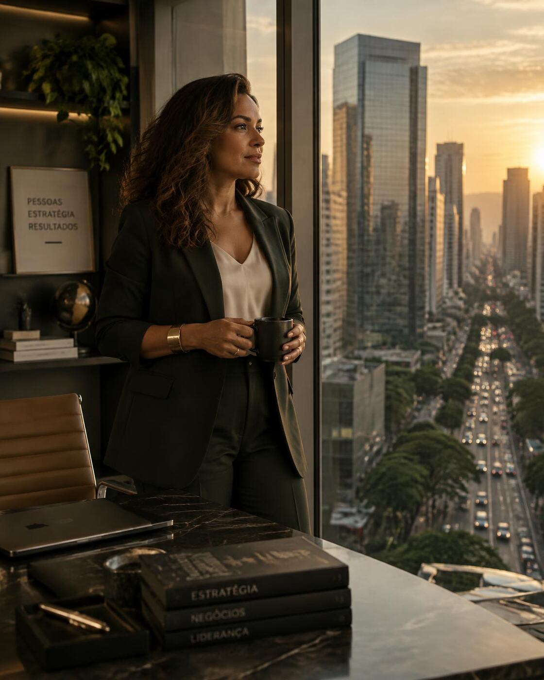 Executiva em escritório com vista para avenida em São Paulo
